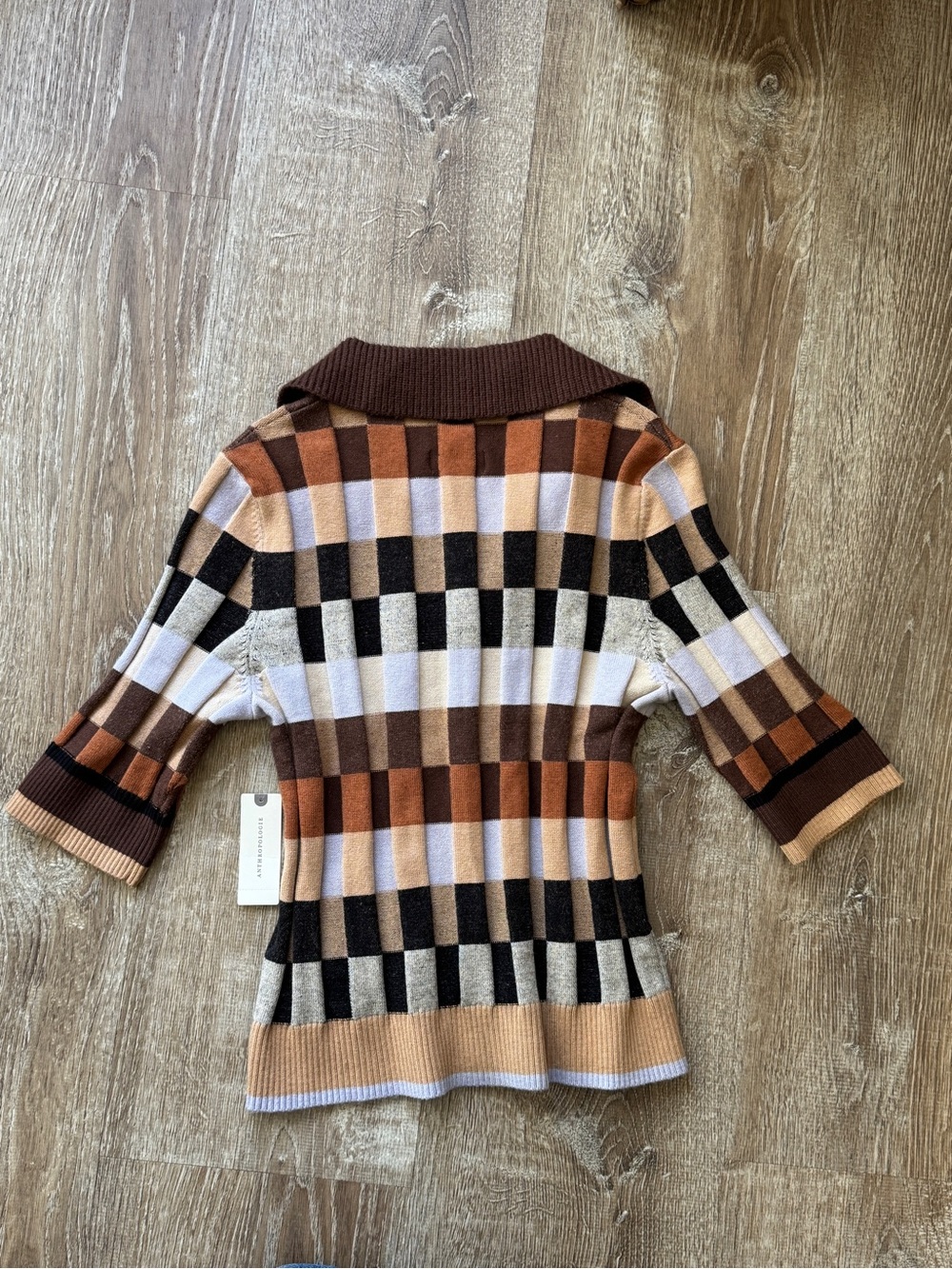 Maeve Brown, Camel & Black Checked Button-Front Knit Top - Picture 5 of 5